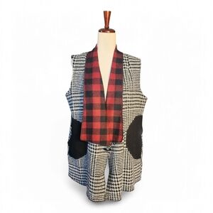 Black and White Houndstooth Vest with Red Plaidneck, Cameleon Brand, Size M